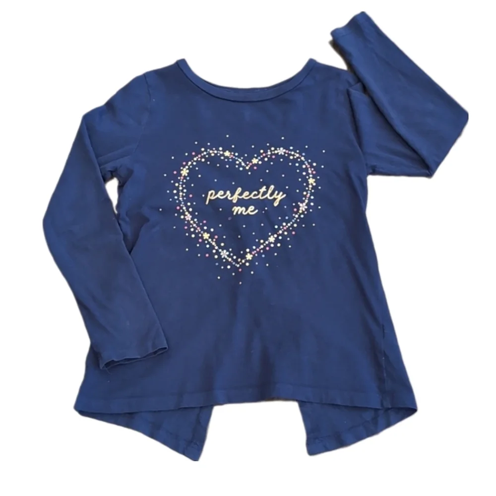 CARTERS Long Sleeve Split Back Top Glitter Gold Navy Graphic Heart Girls Size 7